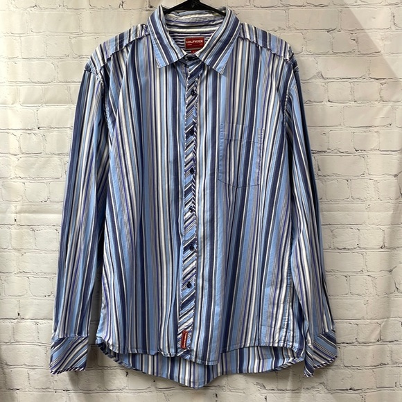 Red Label Hilfiger Denim frayed detail XL striped shirt - Picture 1 of 10